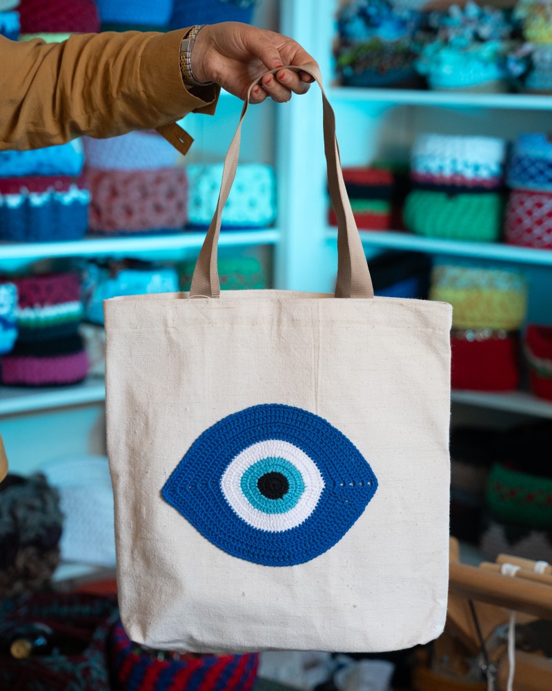 TRADITIONAL WOVEN FABRIC TOTE WITH EVIL EYE