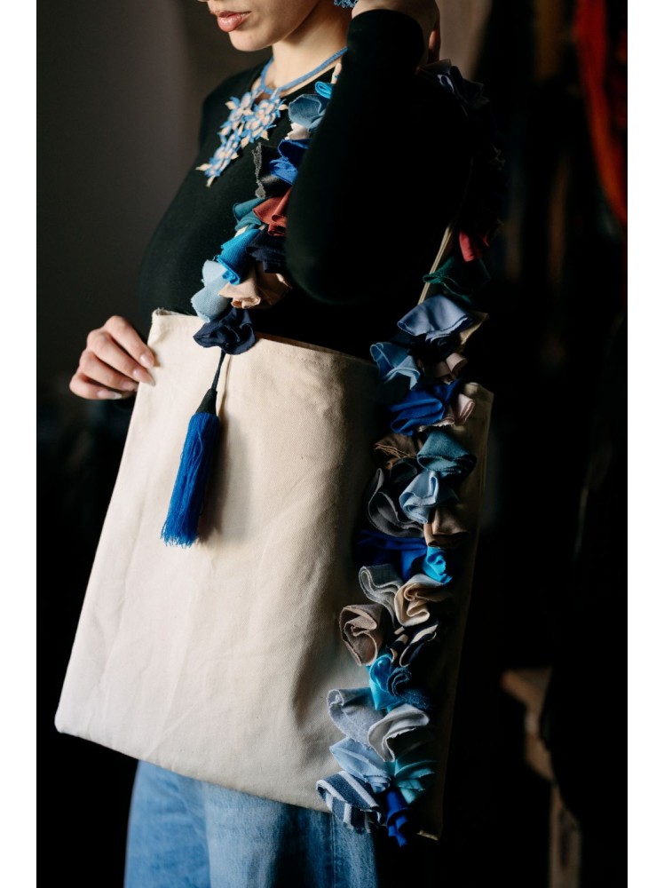 Χειροποίητη Τσάντα Καραβόπανο με Πολύχρωμη Μπορντούρα