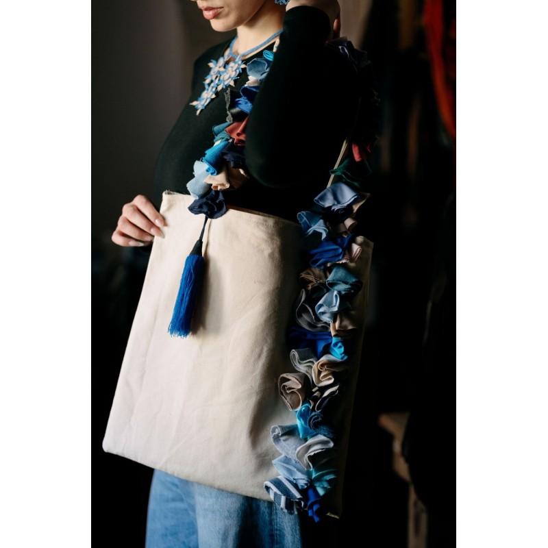 Χειροποίητη Τσάντα Καραβόπανο με Πολύχρωμη Μπορντούρα