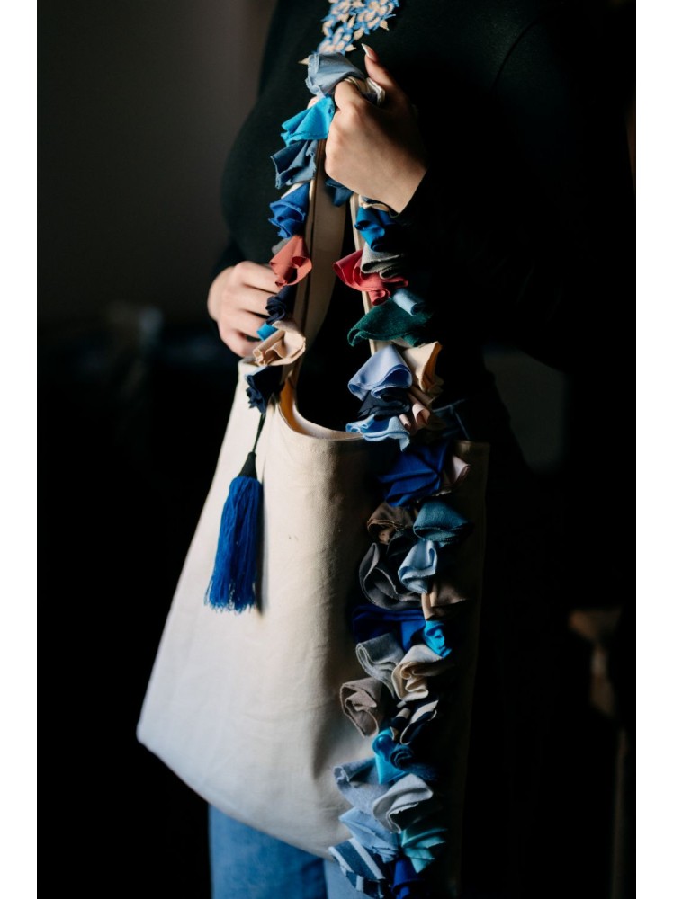 Χειροποίητη Τσάντα Καραβόπανο με Πολύχρωμη Μπορντούρα